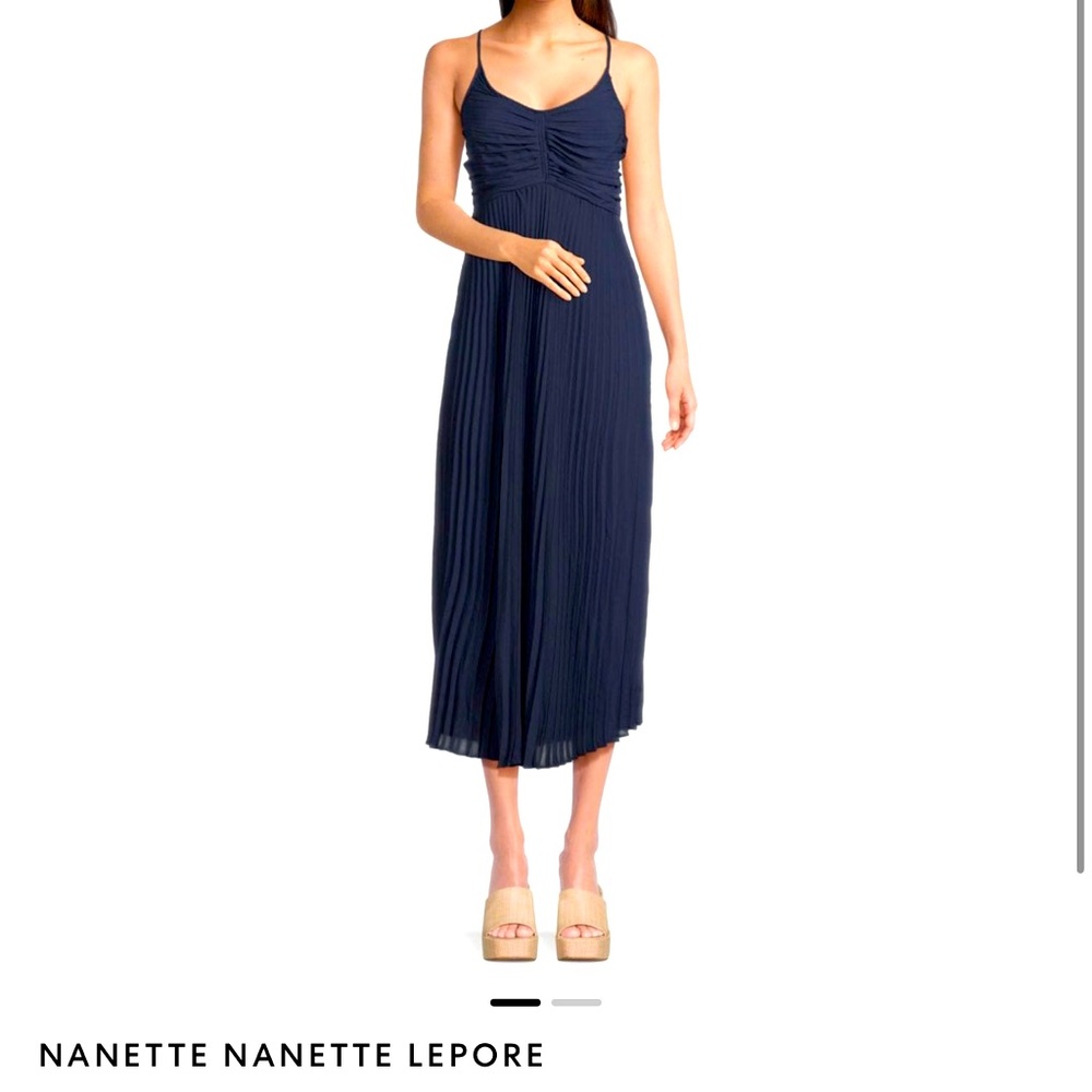 Nanette Lapore navy blue accordion pleated lined midi dress